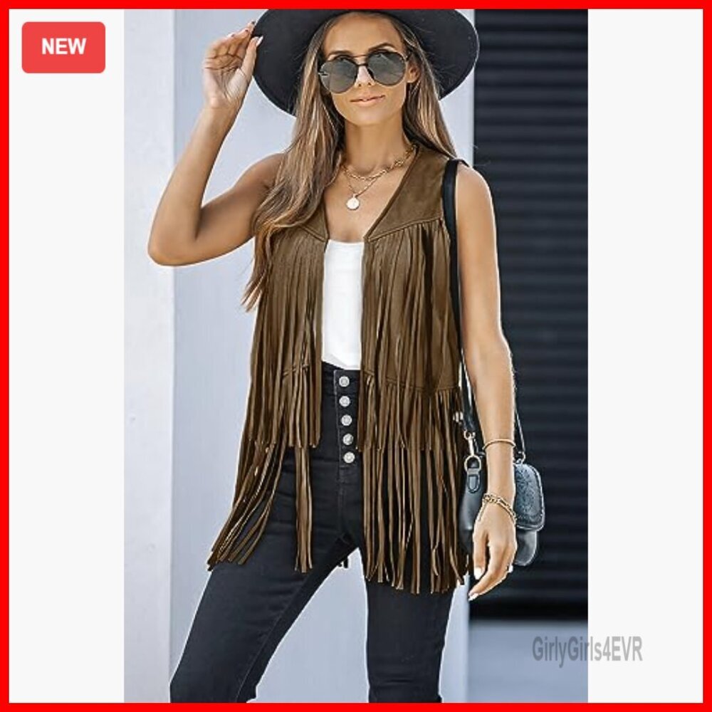 Faux Suede Fringe Vest Sleeveless Crop Western Outerwear Hippie Costume - Picture 3 of 7